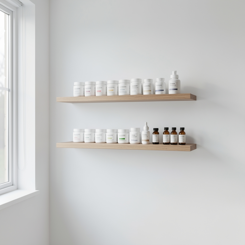 Clean wellness studio interior with white walls, wooden shelf holding cream jars and vitamin bottles arranged in a sparse editorial display, natural daylight from a side window