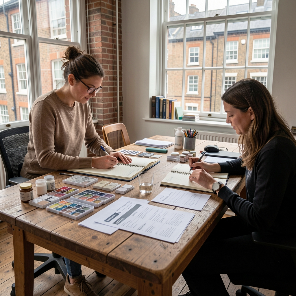 Two people working at a large wooden studio table covered with product samples, open notebooks and ingredient reference sheets, London workspace with large windows