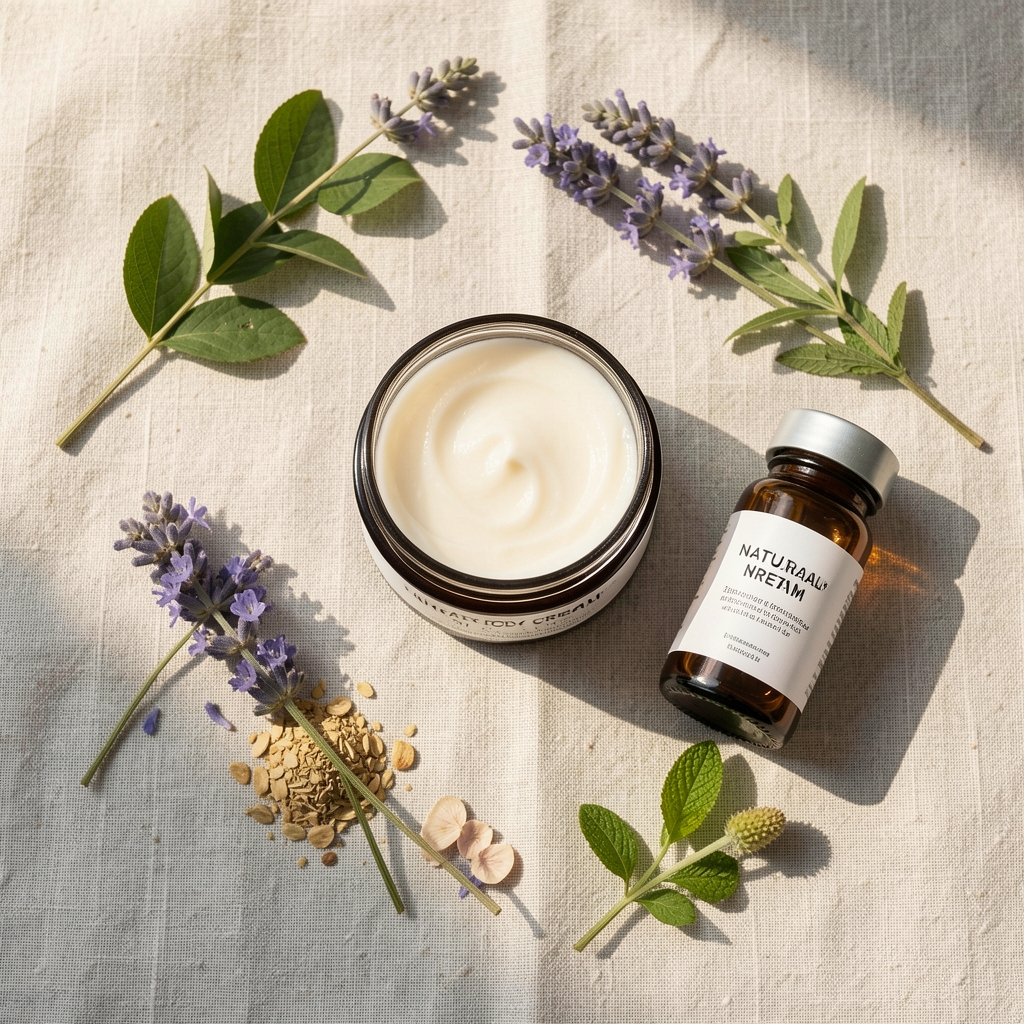 Flat lay of natural body cream jar, vitamin bottle and botanical ingredients arranged on a pale linen surface in morning light, London studio