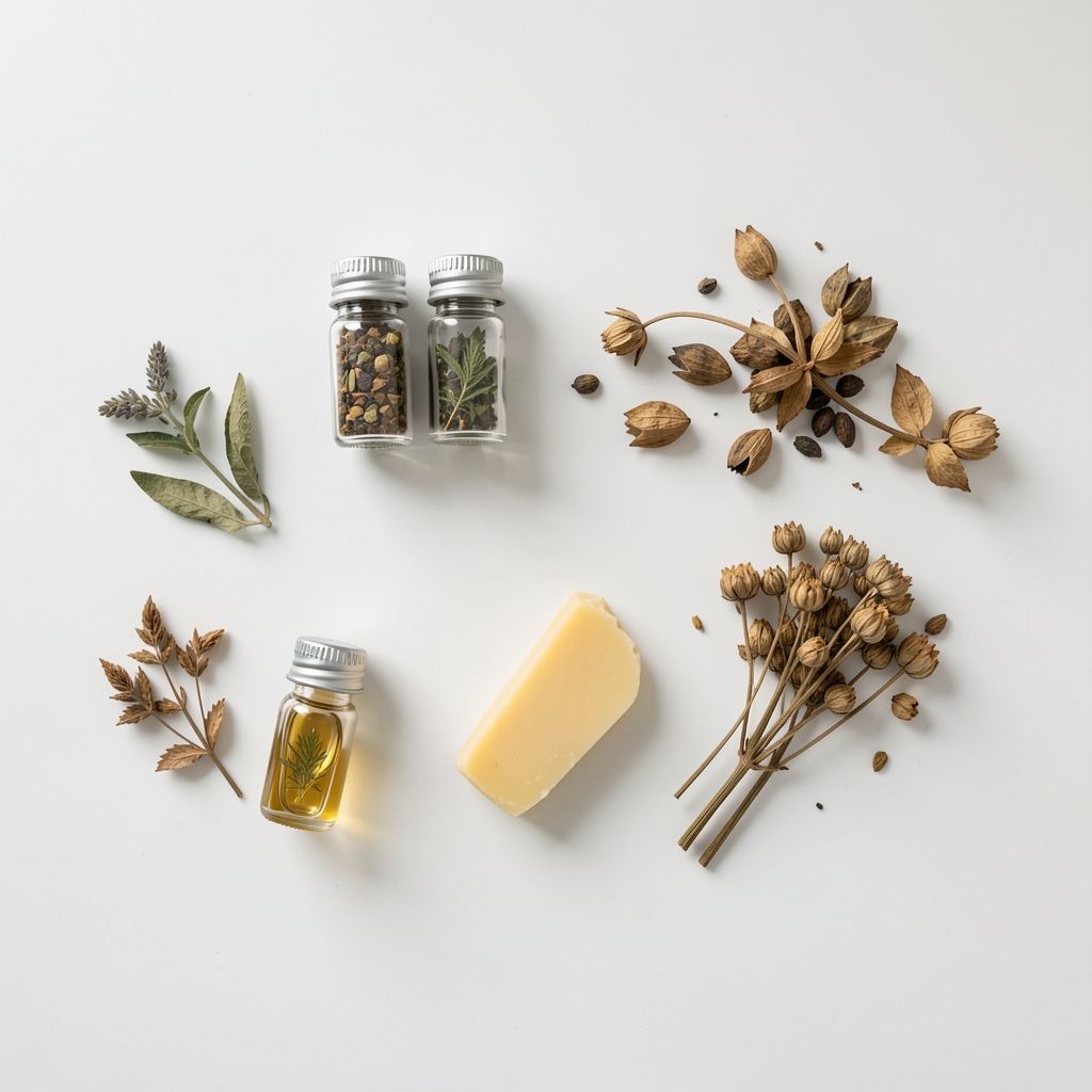 Flat lay of ingredient samples including small botanical extract vials, shea butter piece and dried plant matter arranged methodically on a white laboratory-style surface