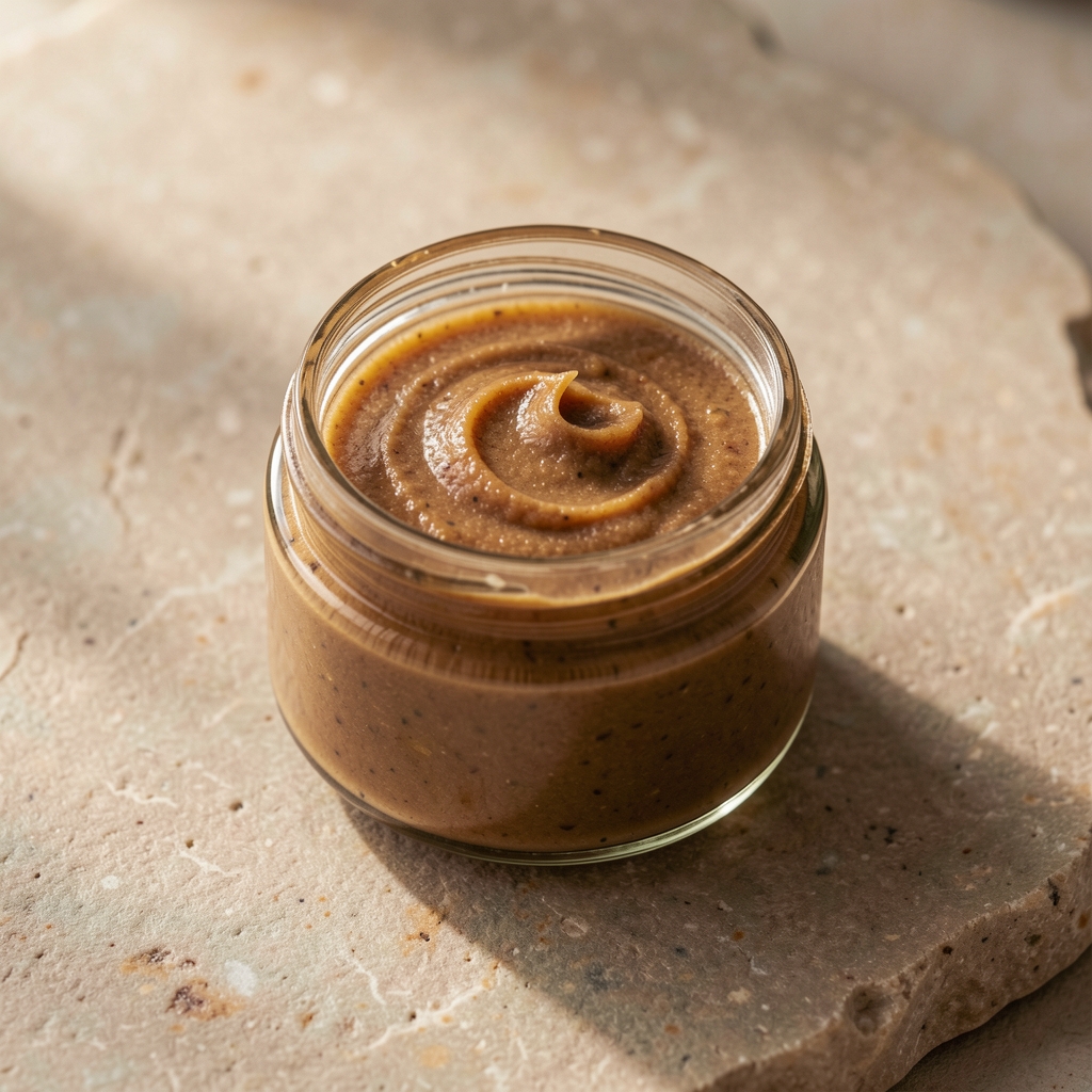 Glass jar of rich nourishing body butter with a pale cream texture sitting on a smooth natural stone surface, overhead editorial photography with soft daylight