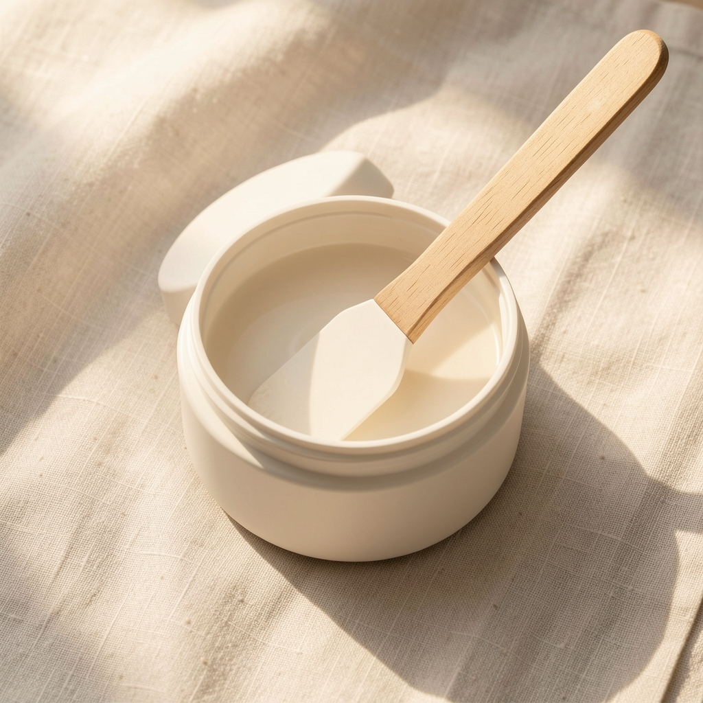 Open white cream jar with spatula resting on the lid, minimalist styling on pale linen fabric, warm overhead light, product still life photography
