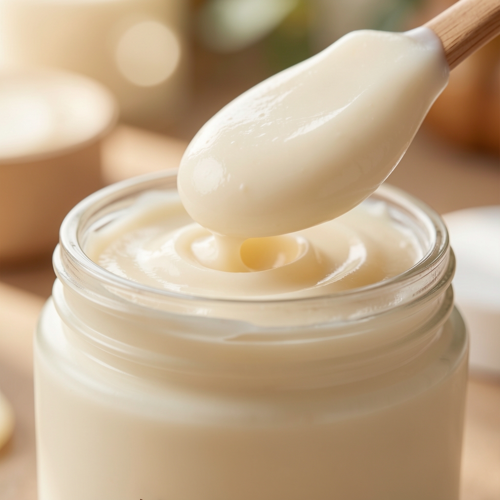 Body cream texture close-up showing smooth ivory consistency being scooped from a wide-mouth glass jar, soft bokeh background, natural light photography