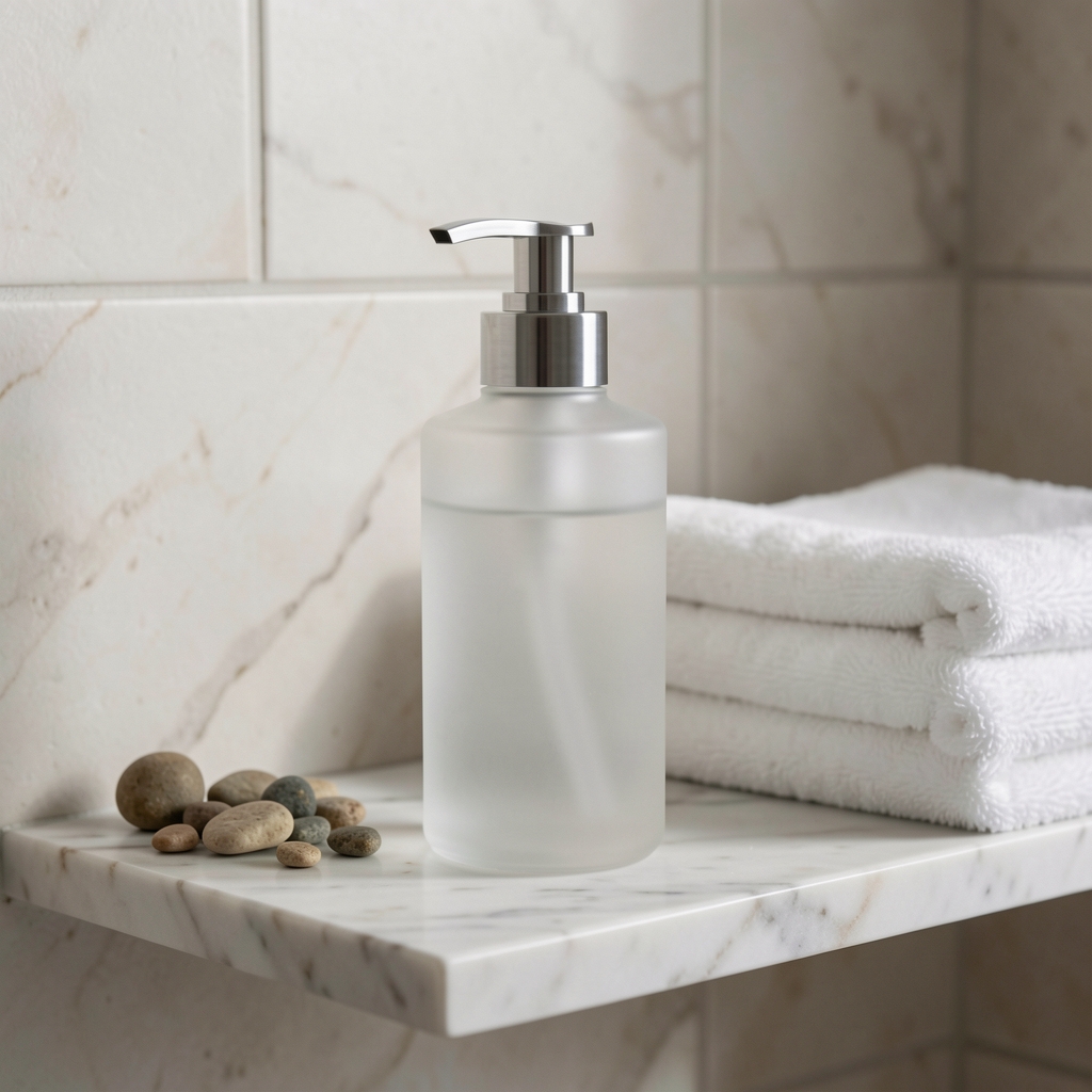 Pump-top body moisturiser bottle in frosted glass standing on a marble bathroom shelf with small pebbles and a folded white towel in the background