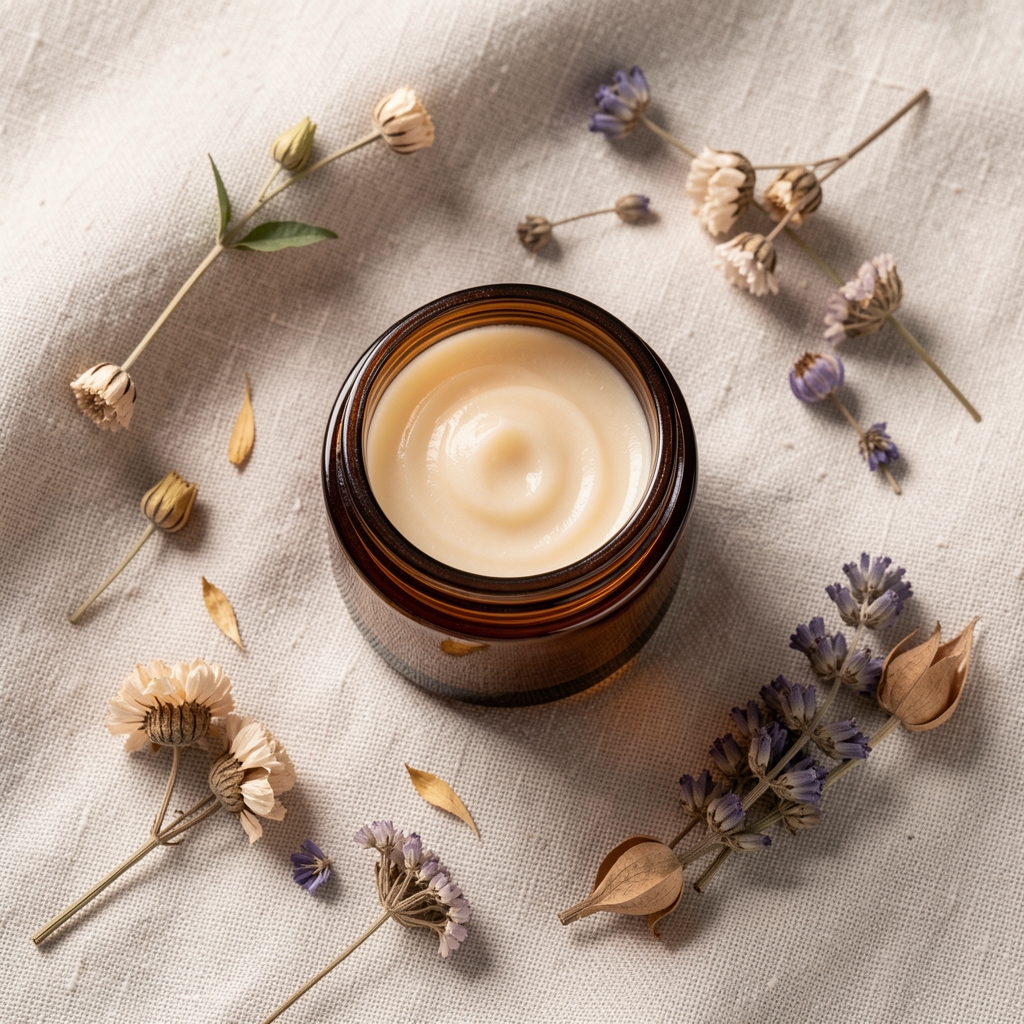 Small amber glass pot of concentrated body butter cream on a pale beige textile surface with dried botanicals scattered around it, overhead editorial flat lay