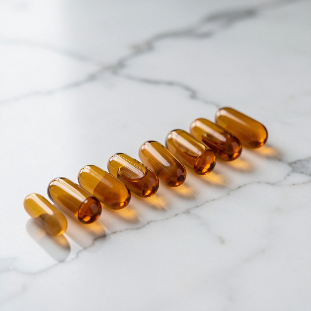 Row of amber glass supplement capsules arranged in a straight line on a white marble surface, clean editorial composition with natural light from the left