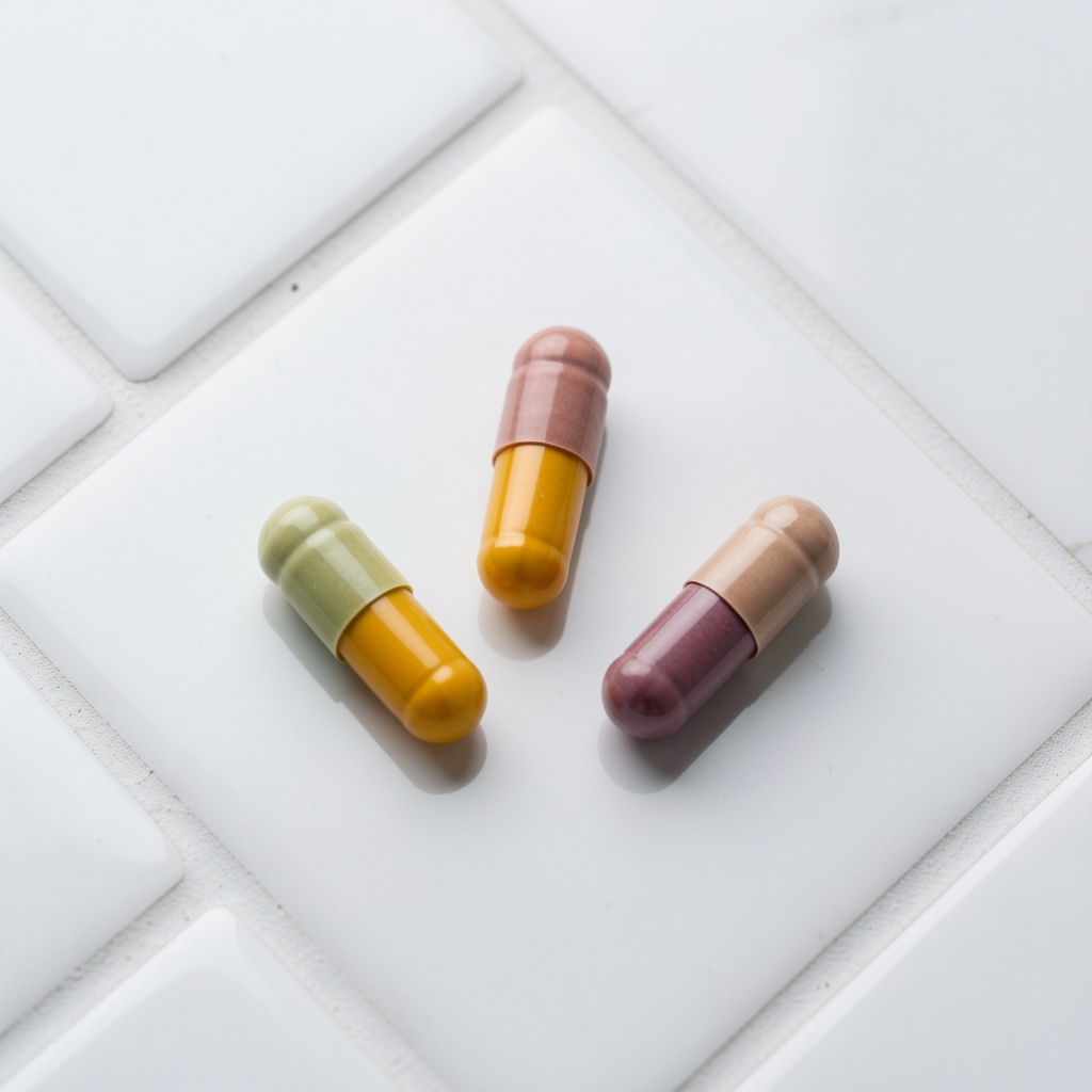 Three supplement capsules of different shades arranged in a triangle on white ceramic tile, clean product still life with diffused overhead studio lighting