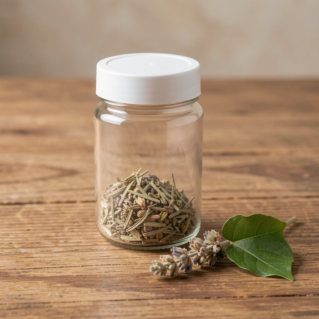 Glass supplement jar with white screw top sitting on wooden surface next to a small sprig of dried herbs and a single green leaf, minimal natural wellness photography
