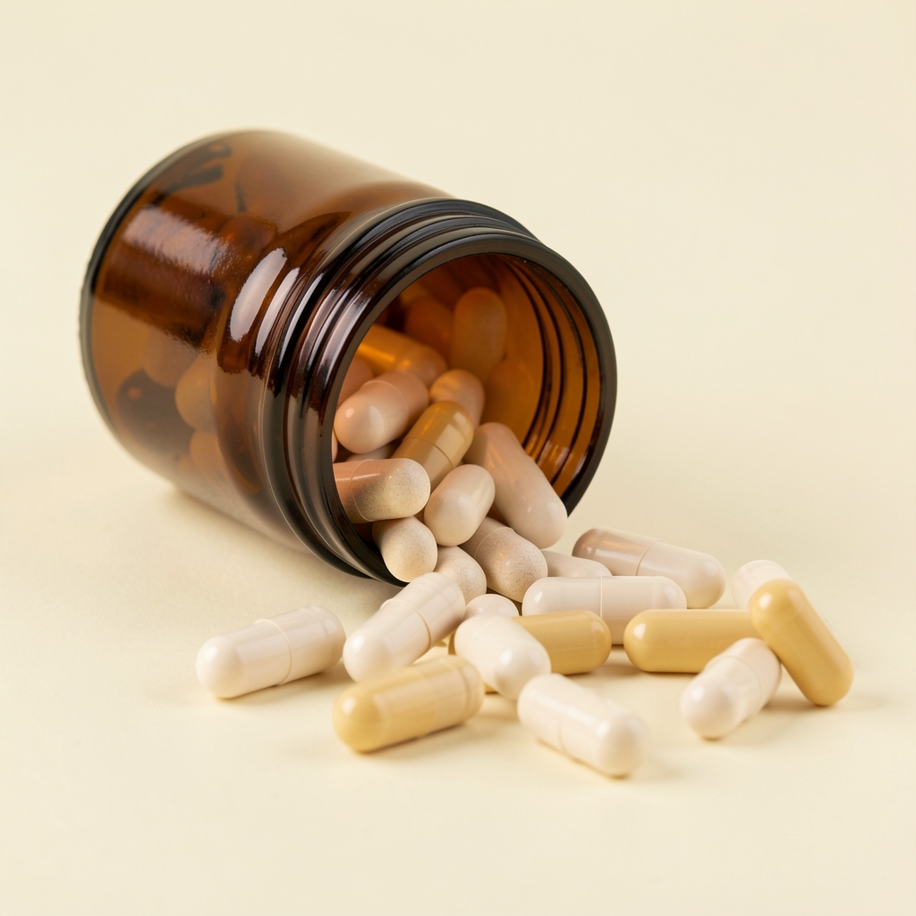 Supplement capsules scattered loosely from a brown glass bottle tilted on its side against a pale cream background, macro editorial product photography